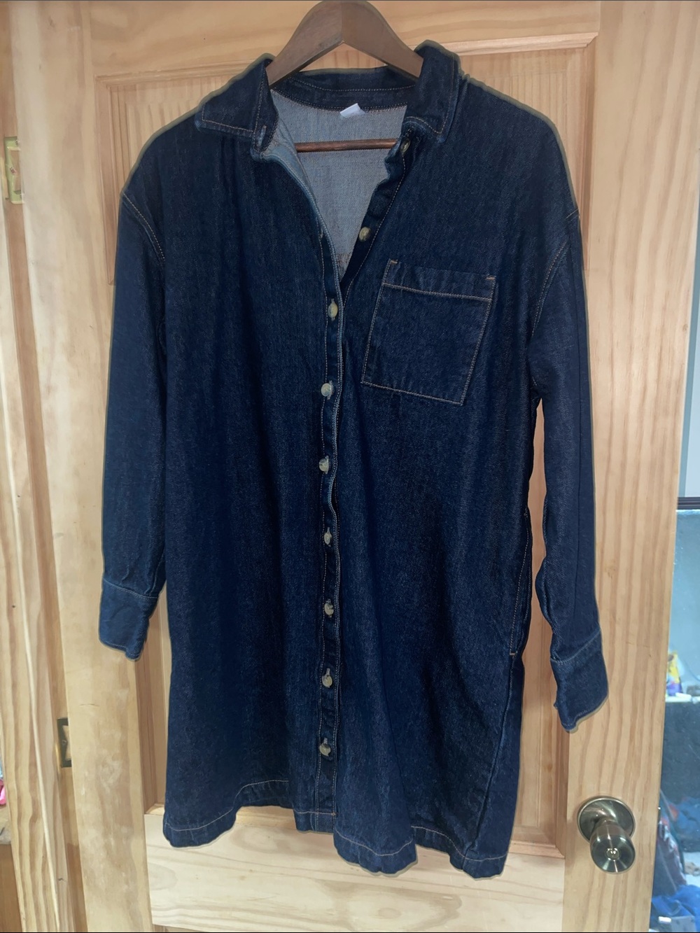 Dark Denim Button-Up Shirt Dress - Chest and Side Pockets